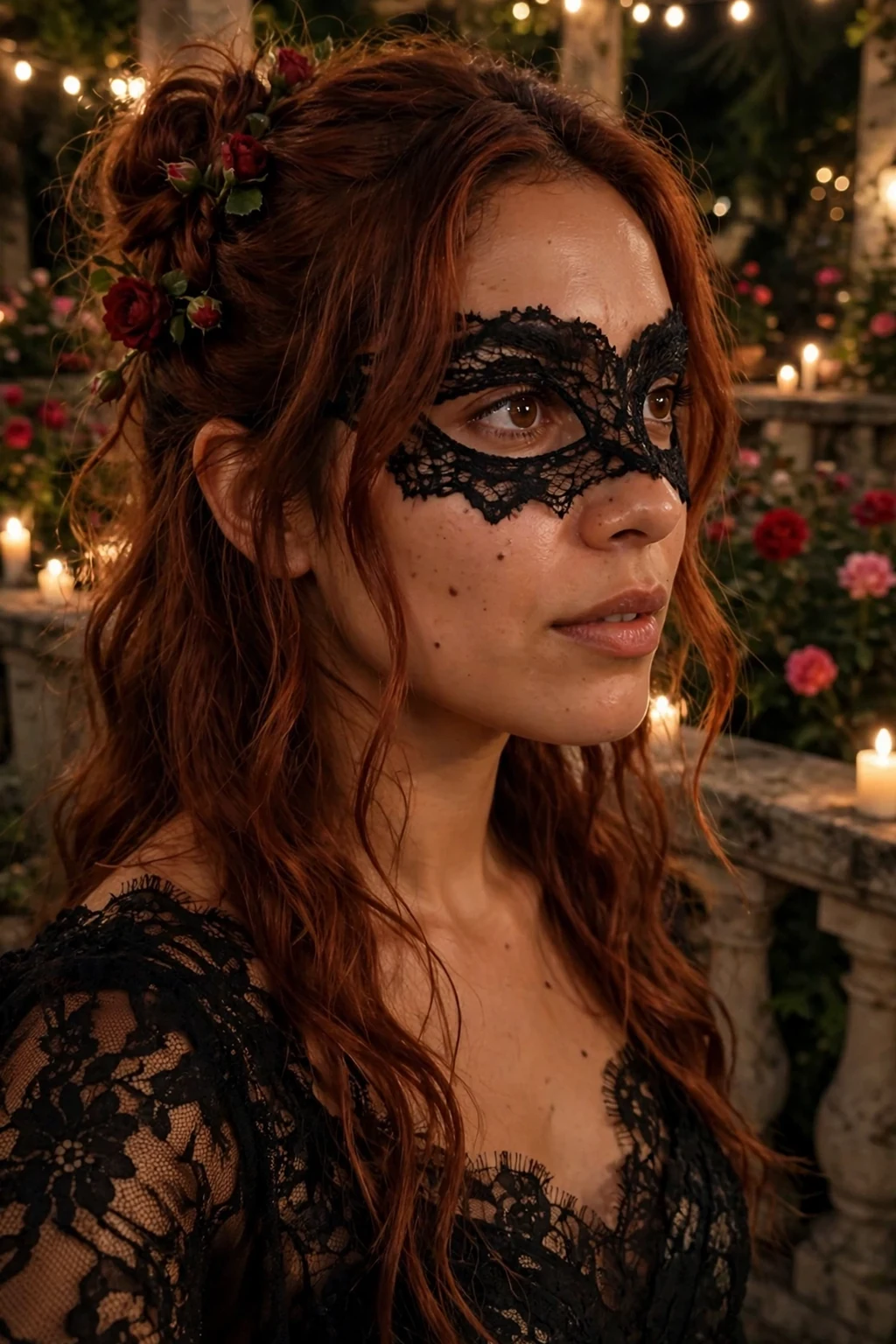 Young woman with a romantic half-up twist adorned with dark red roses and a black masquerade mask on a candlelit terrace.