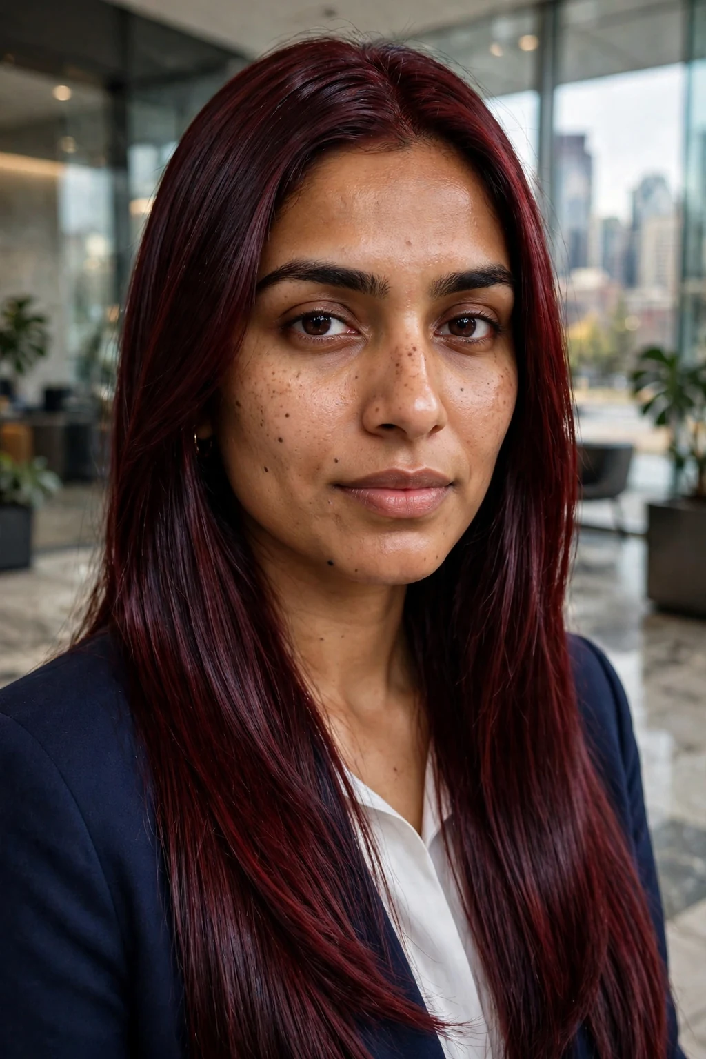 Young Canadian woman in her late 20s with dark velvet red glossy hair, wearing a navy blazer, in a Calgary office lobby.