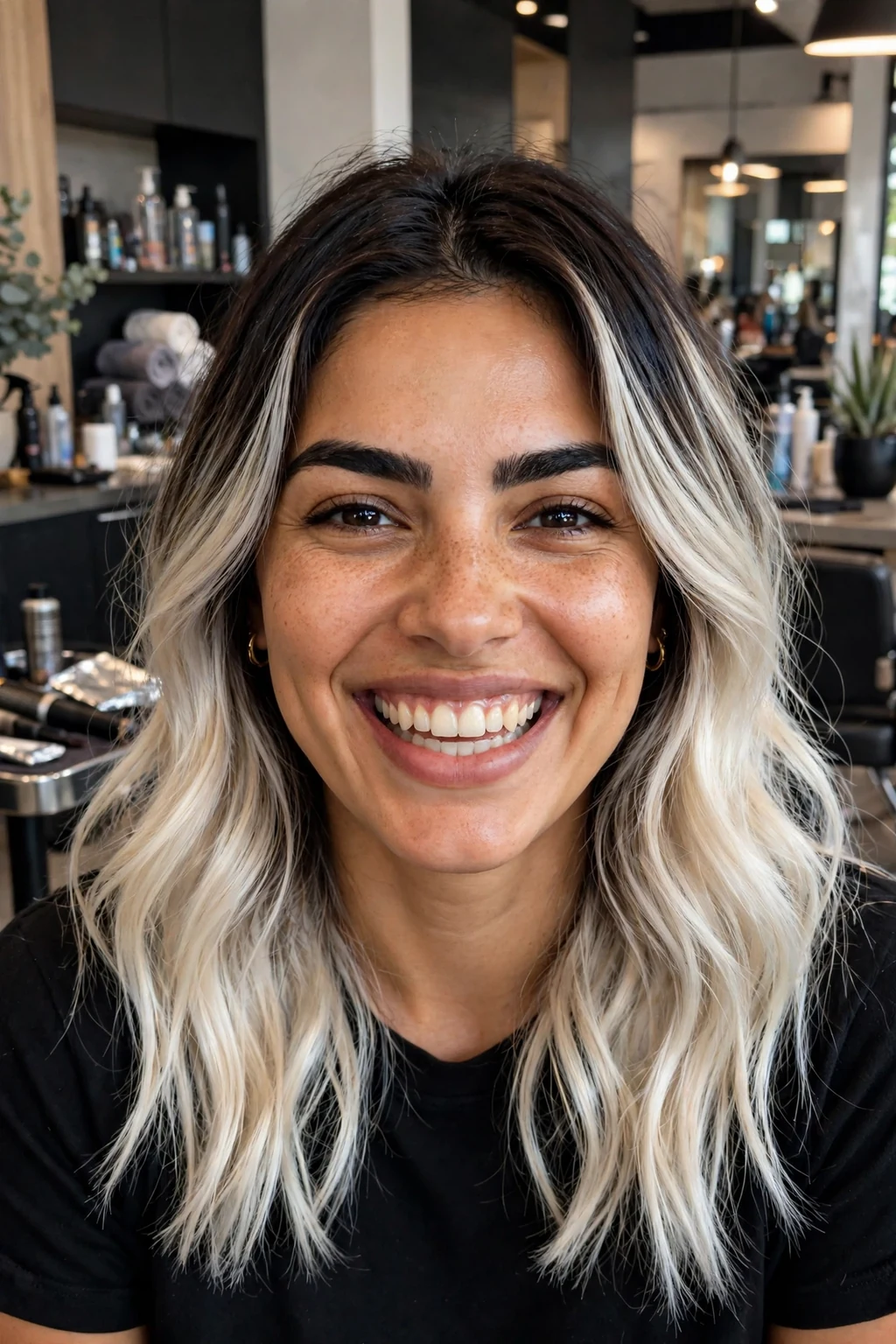Beautiful woman with dark to platinum transformation, dramatic dark to platinum blonde, striking light.