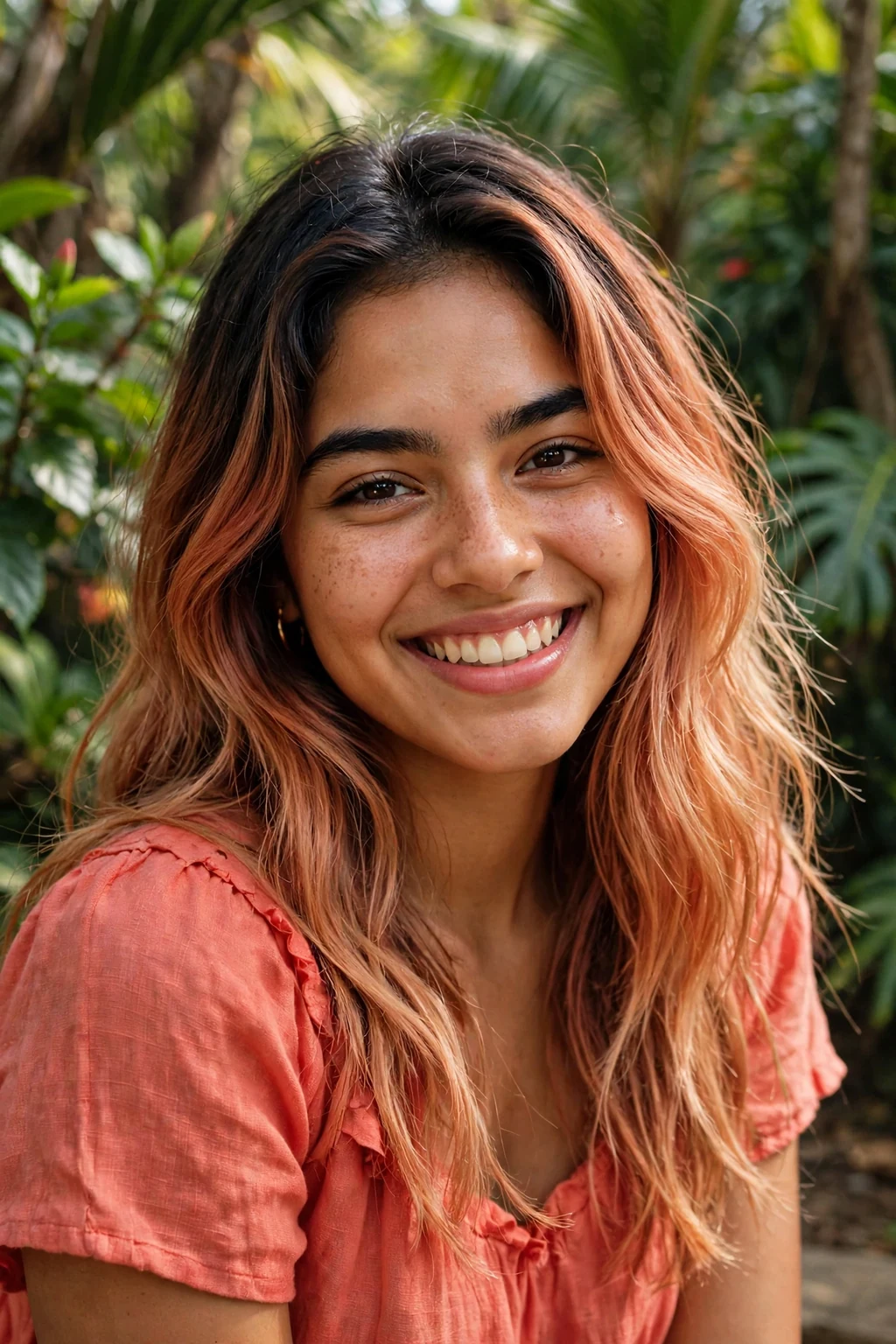 Beautiful woman with dark to strawberry blonde transformation, deep dark to strawberry, vibrant light.