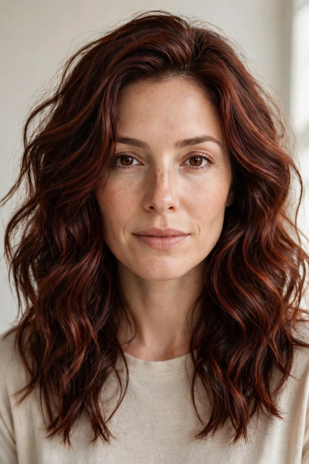 Woman with deep auburn waves, dark rich waves with dimension, soft lighting.