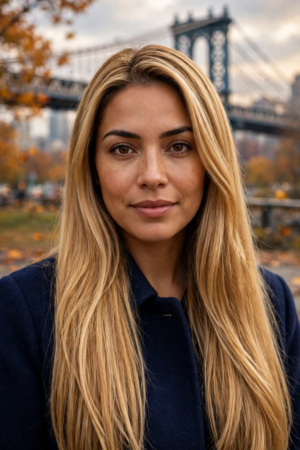 Young woman with deep golden blonde hair in a sleek long style, wearing a navy coat on a city bridge.