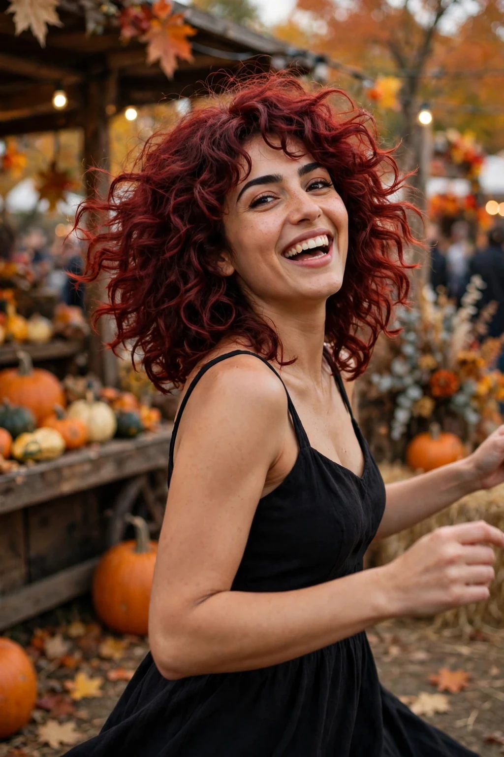 Young woman with a deep red curly shag, dancing at an outdoor festival wearing a black dress.