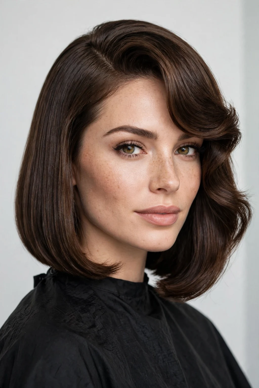 Woman with deep side part lob, dramatic elegant sweep, refined light.