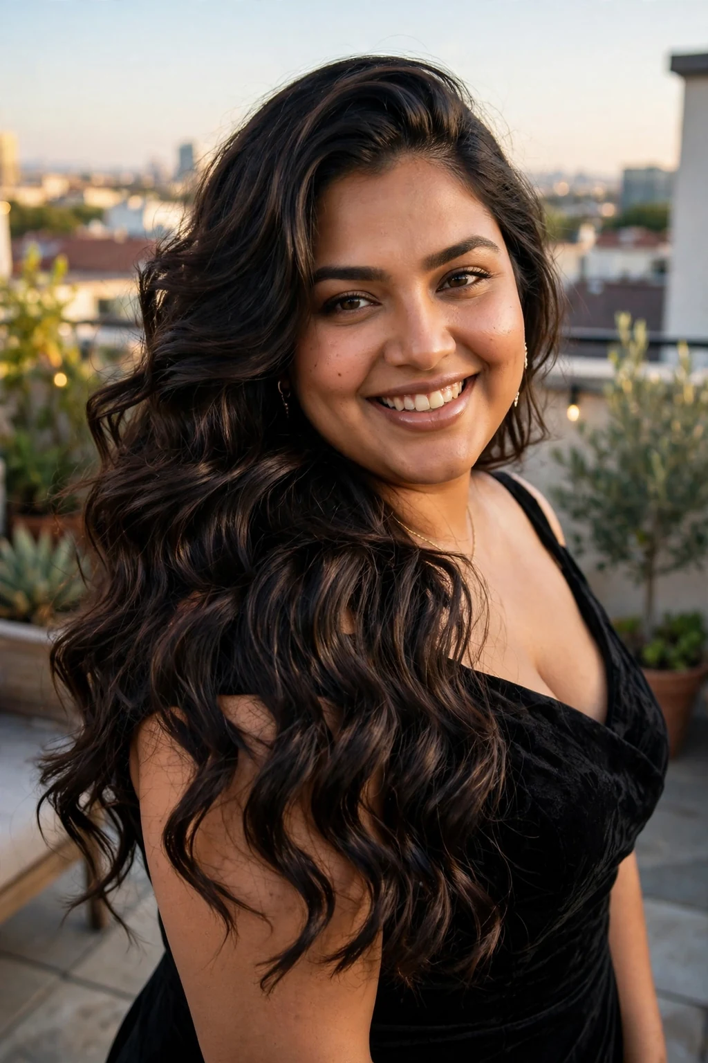 Plus-size South Asian woman in her late twenties with deep side part long waves, wearing a black evening dress at a rooftop terrace.