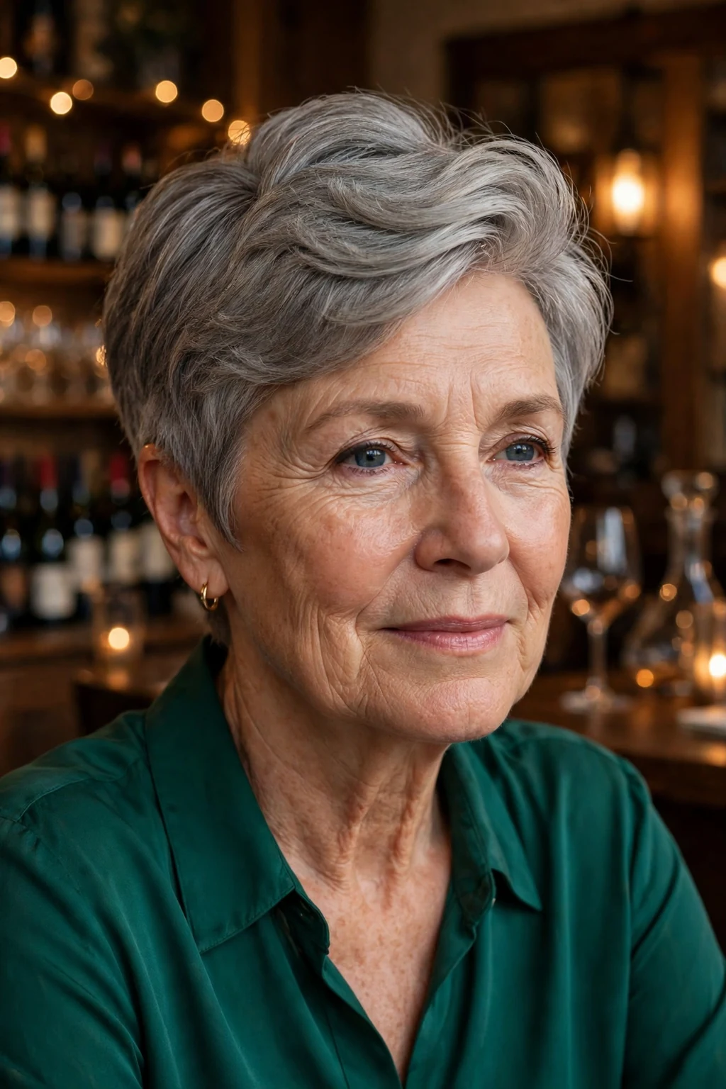 A woman in her early 60s with a gray pixie cut with a deep side part, wearing a emerald green blouse in a wine bar.