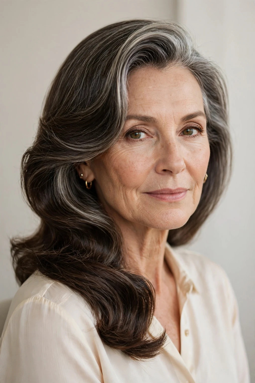 Elegant older woman with deep side part shoulder style, dramatic elegant sweep, refined light.