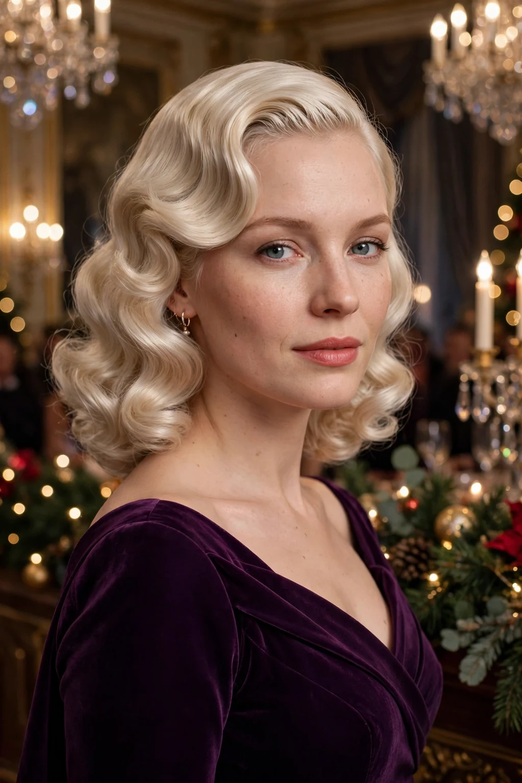 Young woman with deep side part vintage curls, wearing a deep purple gown.