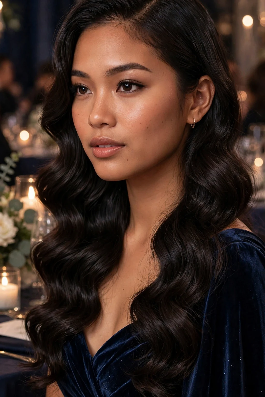 Young woman with deep side-part waves at a winter charity ball.