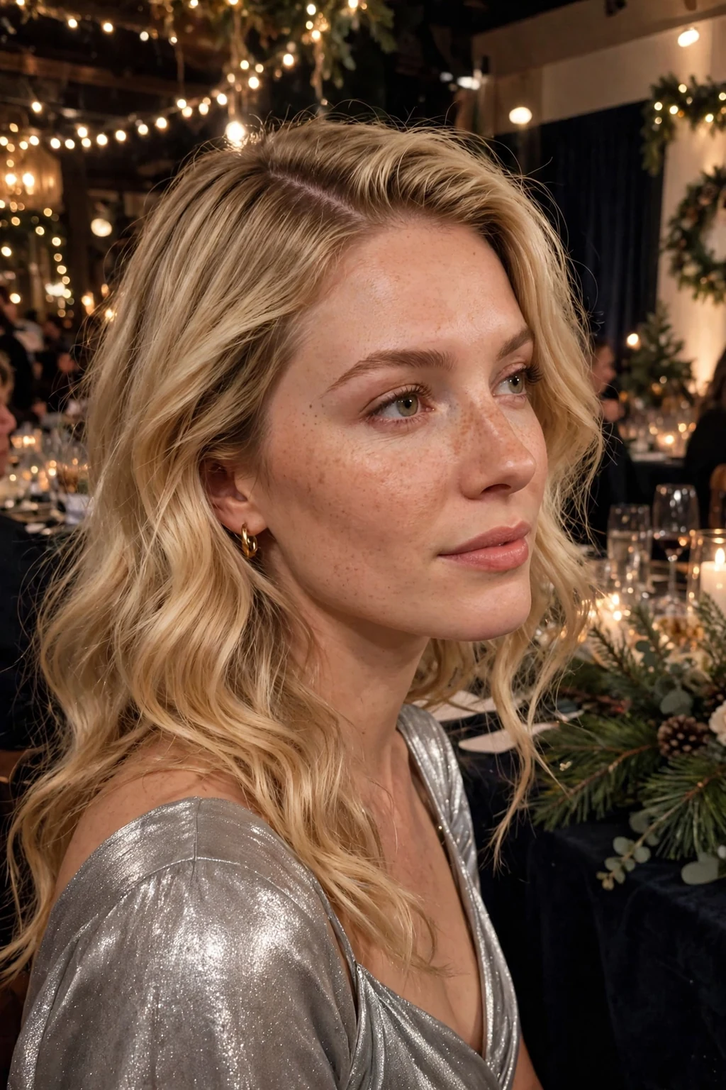Young woman with a deep side part winter glam hairstyle, wearing a silver evening top at a gala.