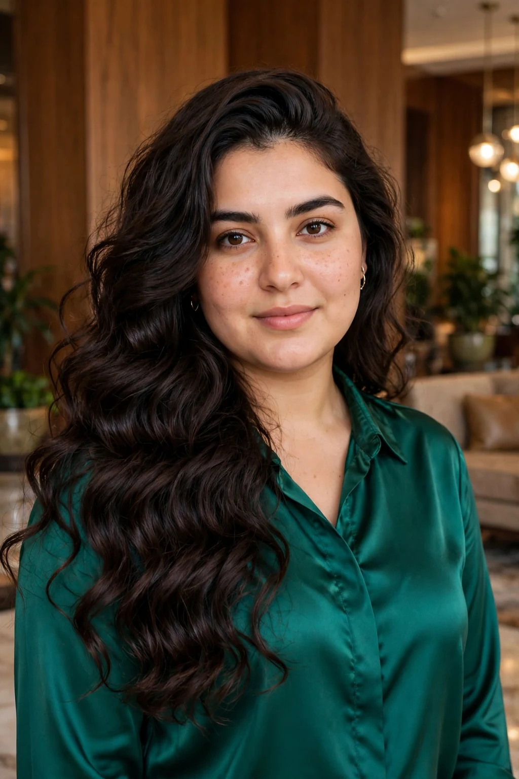 Young woman with a round face wearing voluminous waves with a deep side part.
