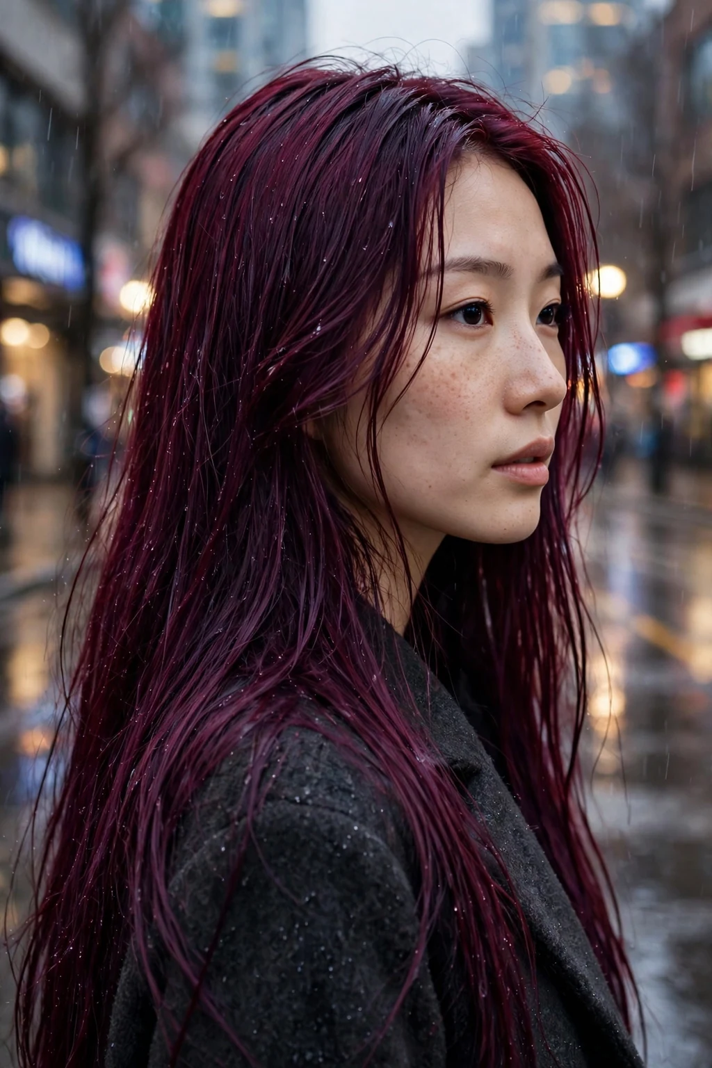 Young Canadian woman in her late 20s with deep velvet plum-red hair, wearing a charcoal coat, on a rainy Vancouver street.