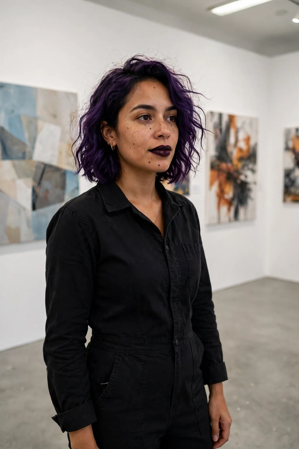 Young woman with a deep violet wavy lob in an art gallery wearing a black jumpsuit.