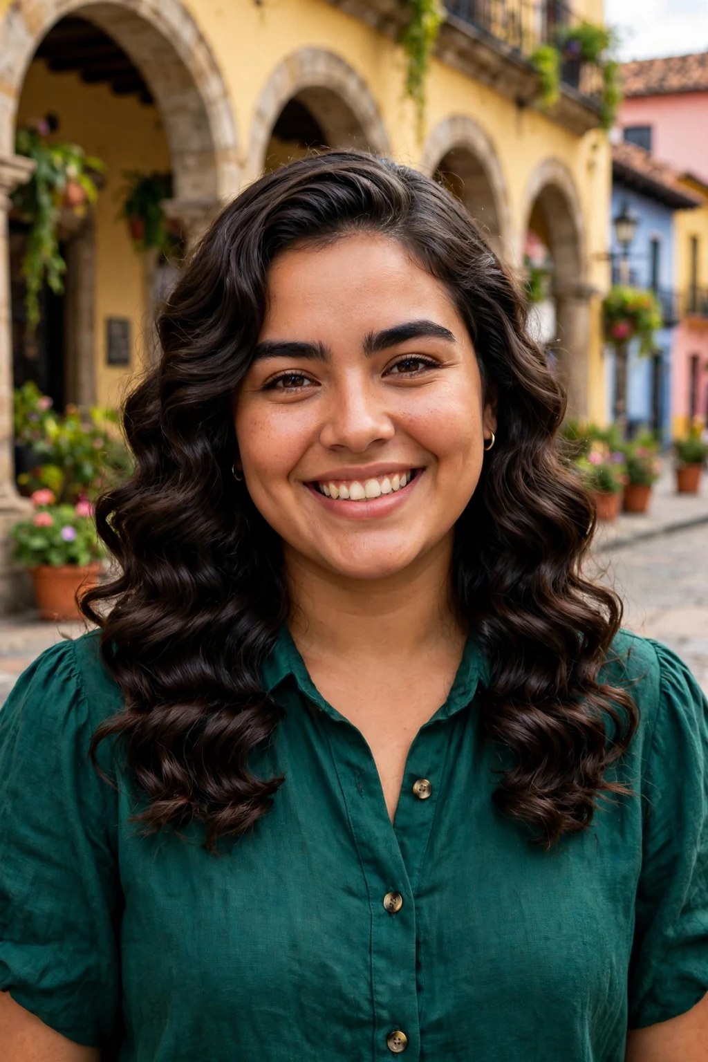 Young woman wearing a deep wave wig with defined glossy S-shaped waves.