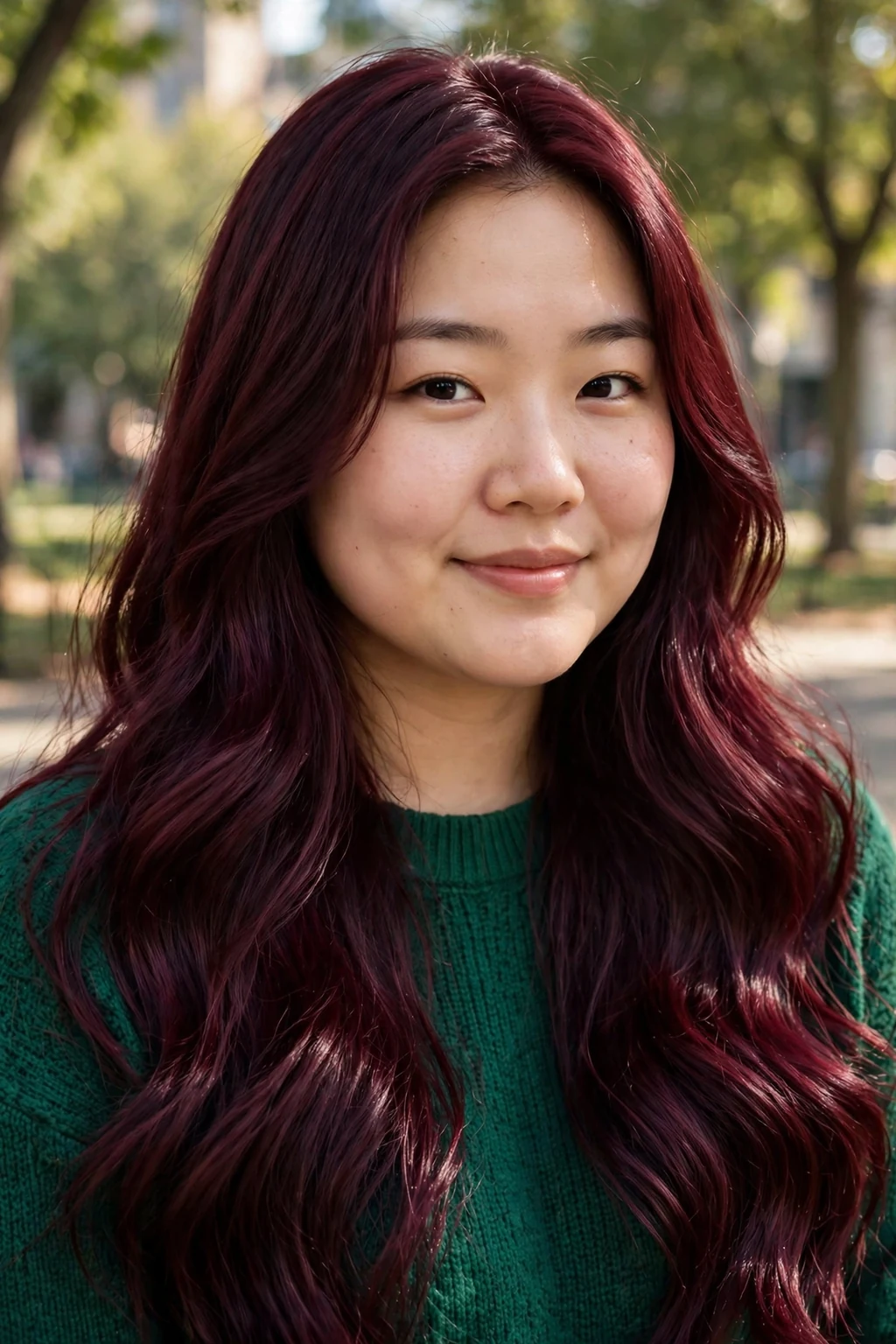 Young East Asian woman in her mid-20s with deep wine burgundy hair in glossy loose waves, standing in a sunlit park wearing an emerald green knit top.