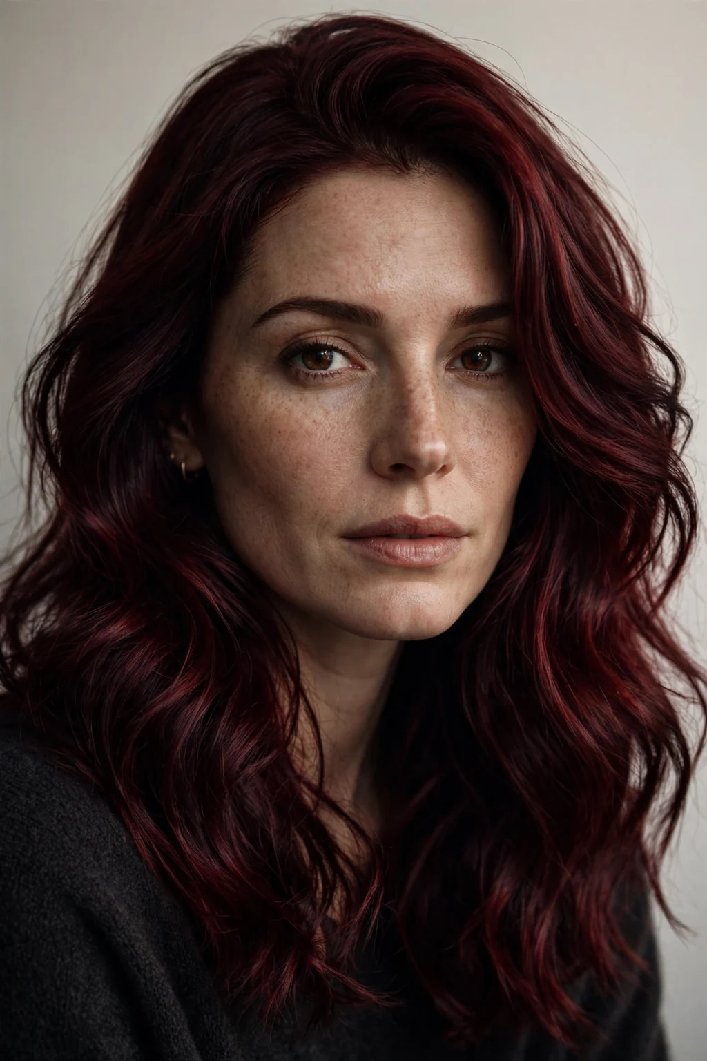 Woman with deep wine auburn, rich burgundy-red depth, luxurious moody light.