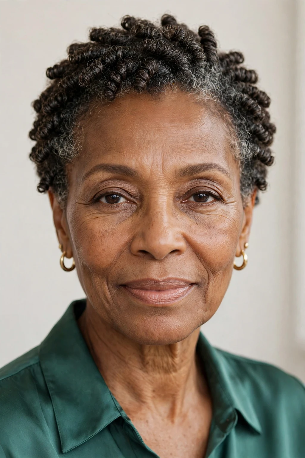 Elegant woman over 60 with defined coil crop, beautiful tight coils, radiant light.