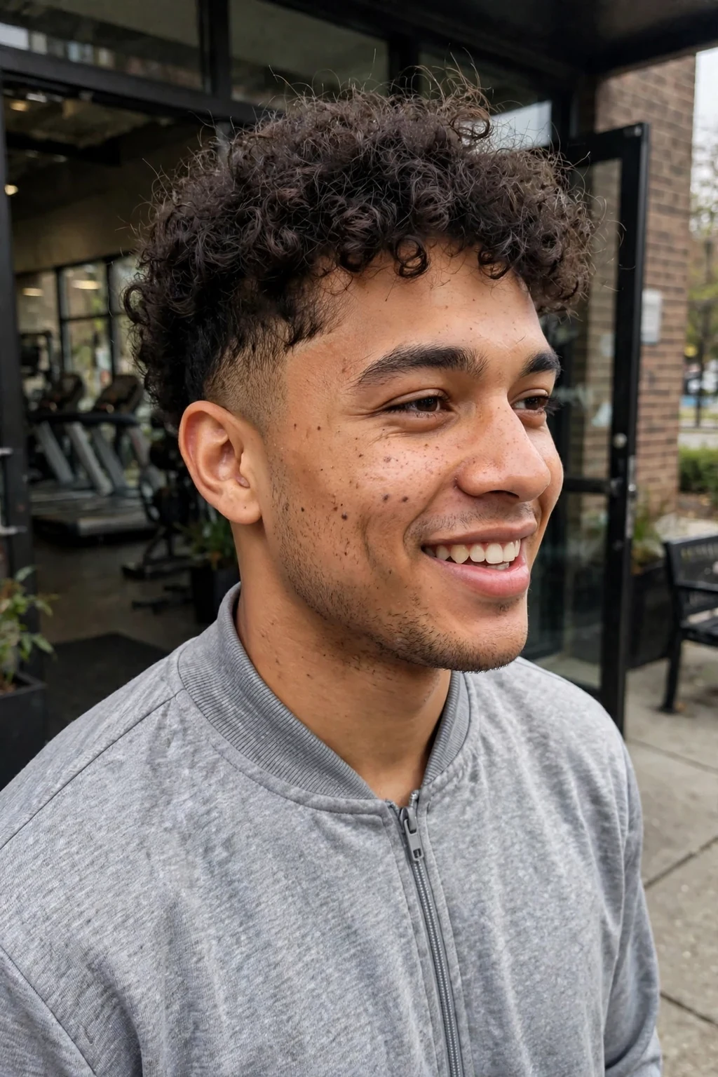 Young man with defined curls and a low fade for thick hair, standing outside a gym in a grey tracksuit top.