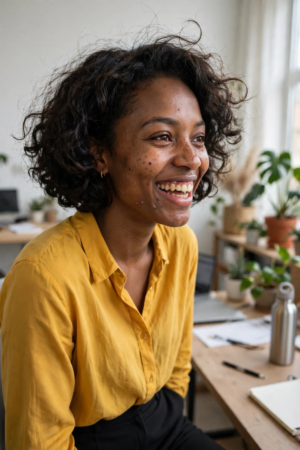 Young professional woman with a defined curly bob hairstyle, wearing professional attire in an office setting.