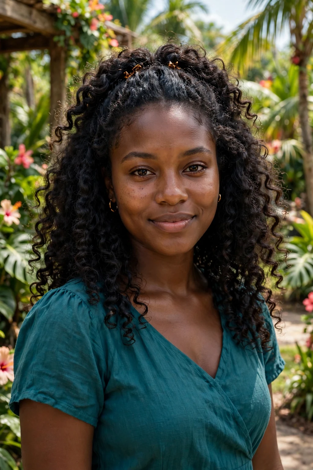 Young woman with defined natural curls worn half-up at a wedding, wearing a teal dress.