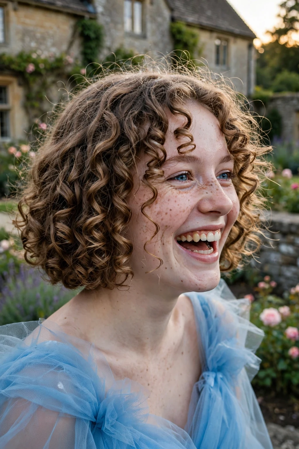 Young woman aged 18 to 20 with defined ringlet bob hairstyle for prom, a countryside manor house garden at golden hour.