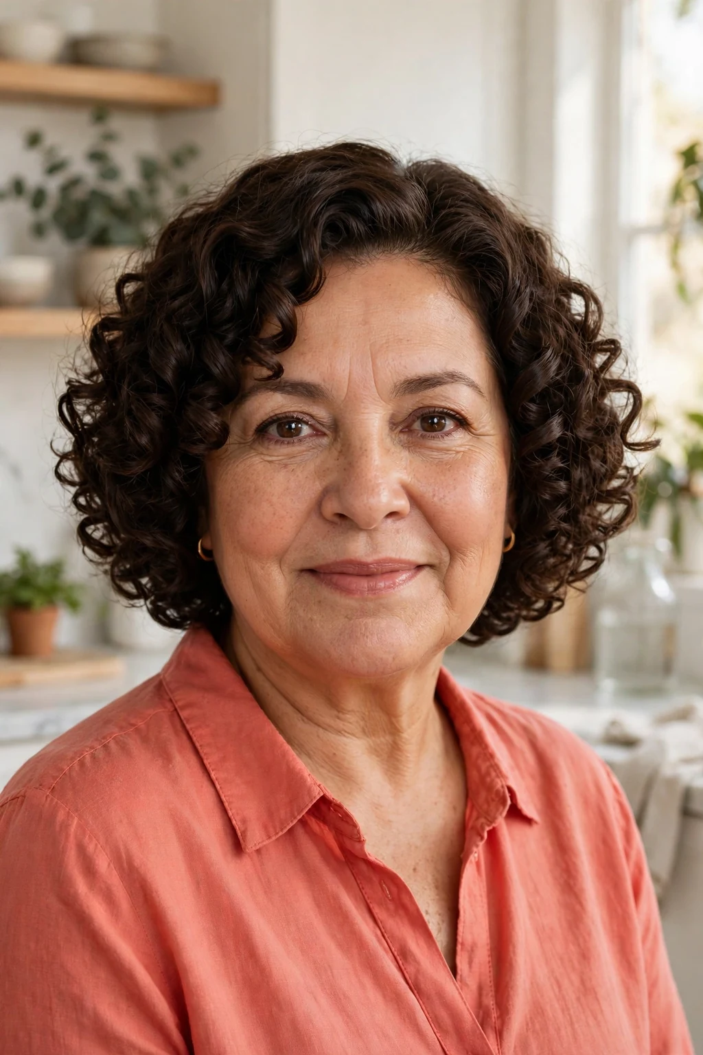 A woman in her early 60s with a defined ringlet bob in dark brown curls, wearing a coral blouse in a bright kitchen.