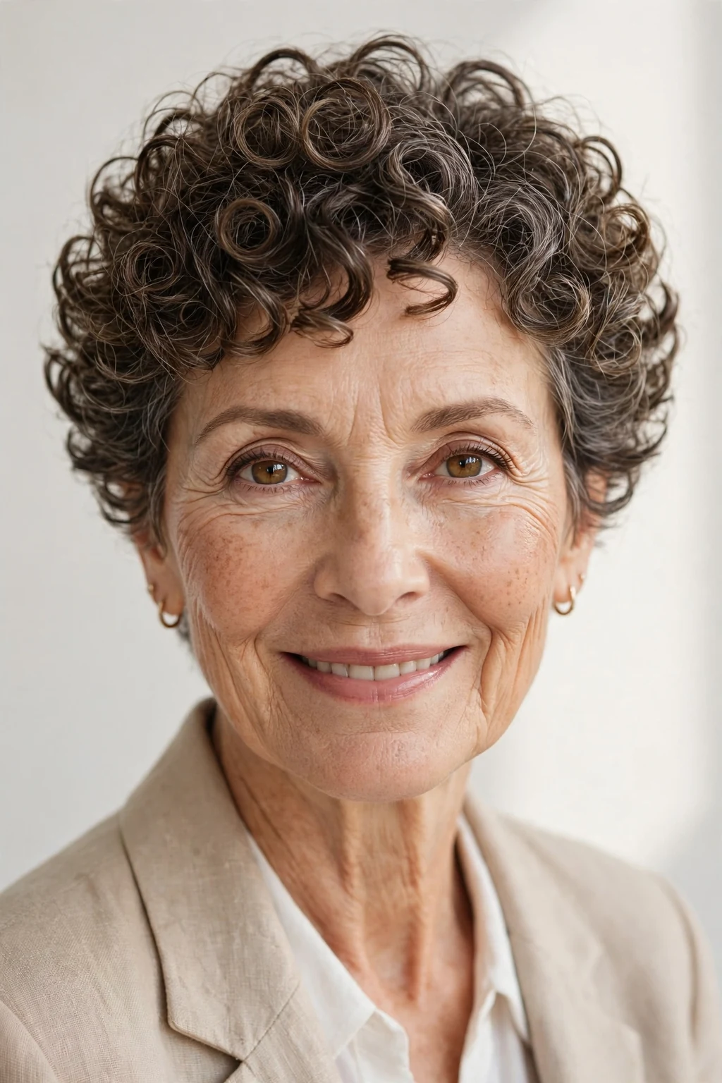 Elegant woman over 60 with defined ringlet crop, springy beautiful ringlets, bright light.