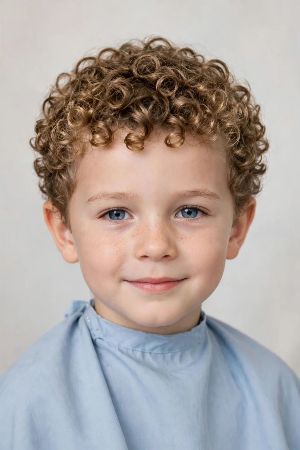 Young boy with defined ringlet curls in a neat crop, bouncy ringlets, bright soft lighting.