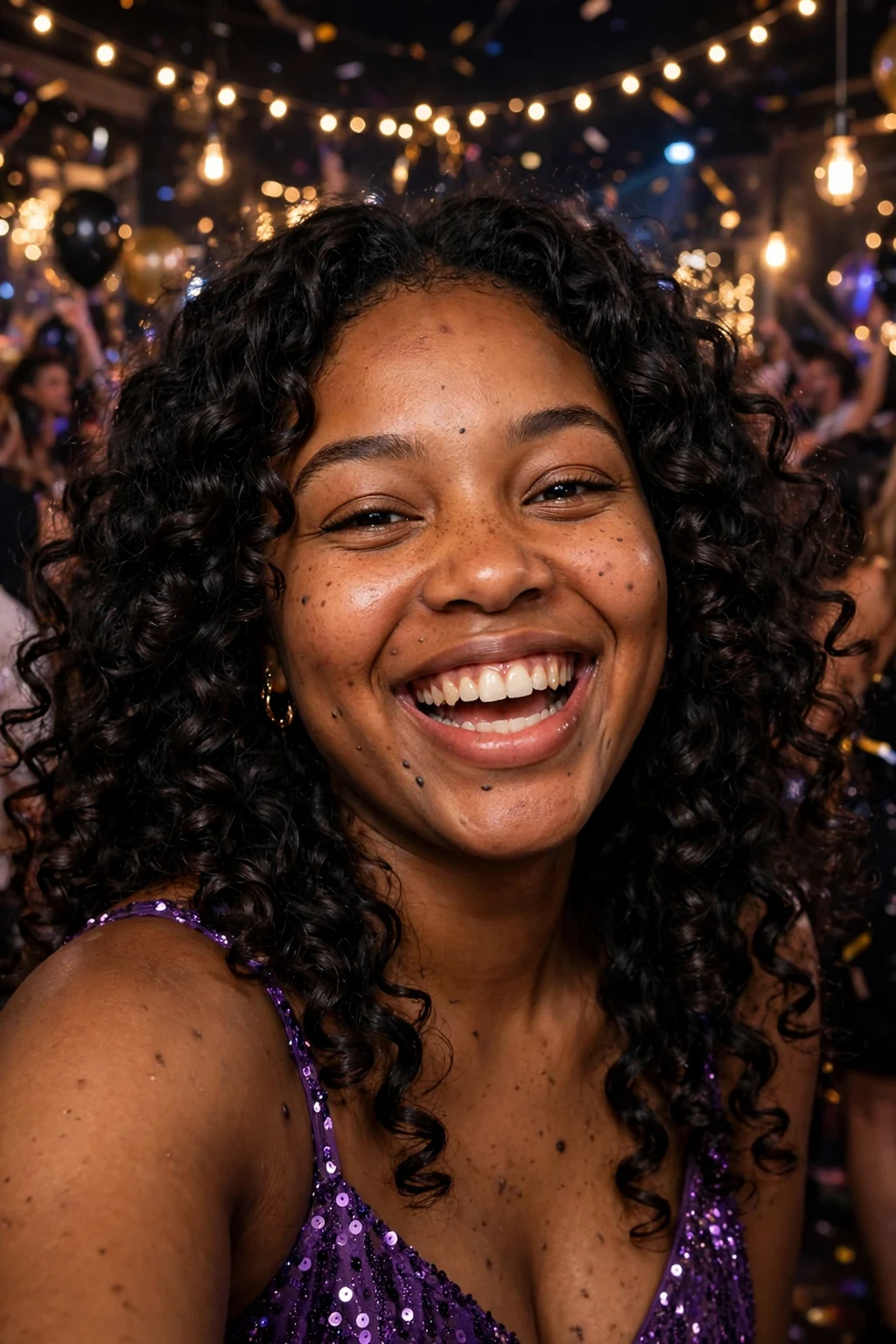 Young Black woman with defined ringlet curls wearing a purple sequin dress on a dance floor.