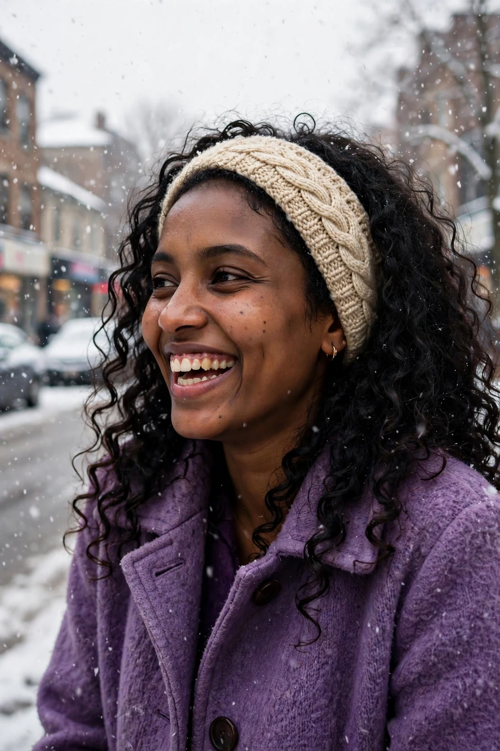 Young woman with defined bouncy winter curls and a knit ear warmer, wearing a purple coat in falling snow.