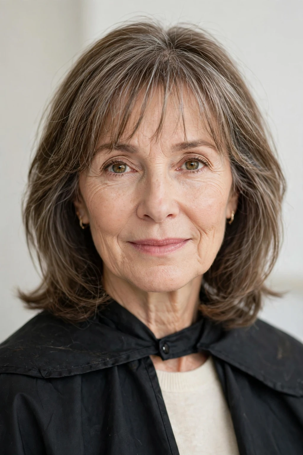 Elegant woman over 50 with delicate wispy fringe, soft airy bangs, gentle light.