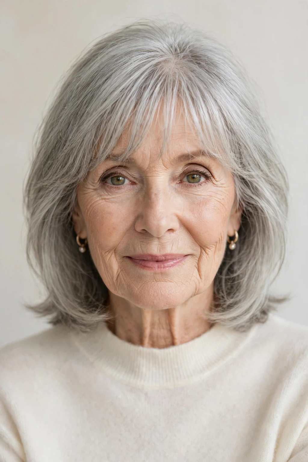 Elegant woman over 60 with delicate wispy fringe, soft airy bangs, gentle light.