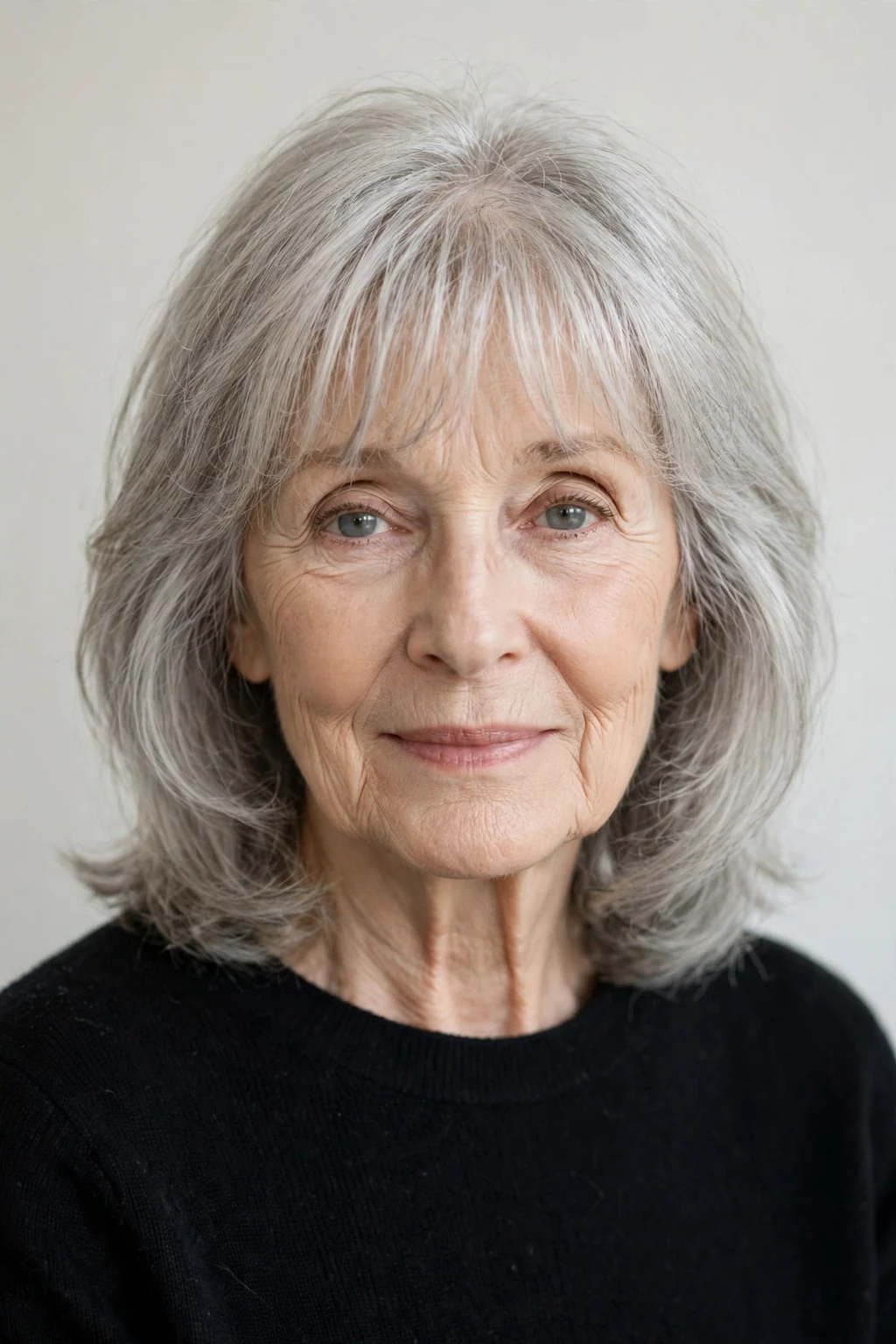 Elegant woman over 70 with delicate wispy fringe, soft airy bangs, gentle light.