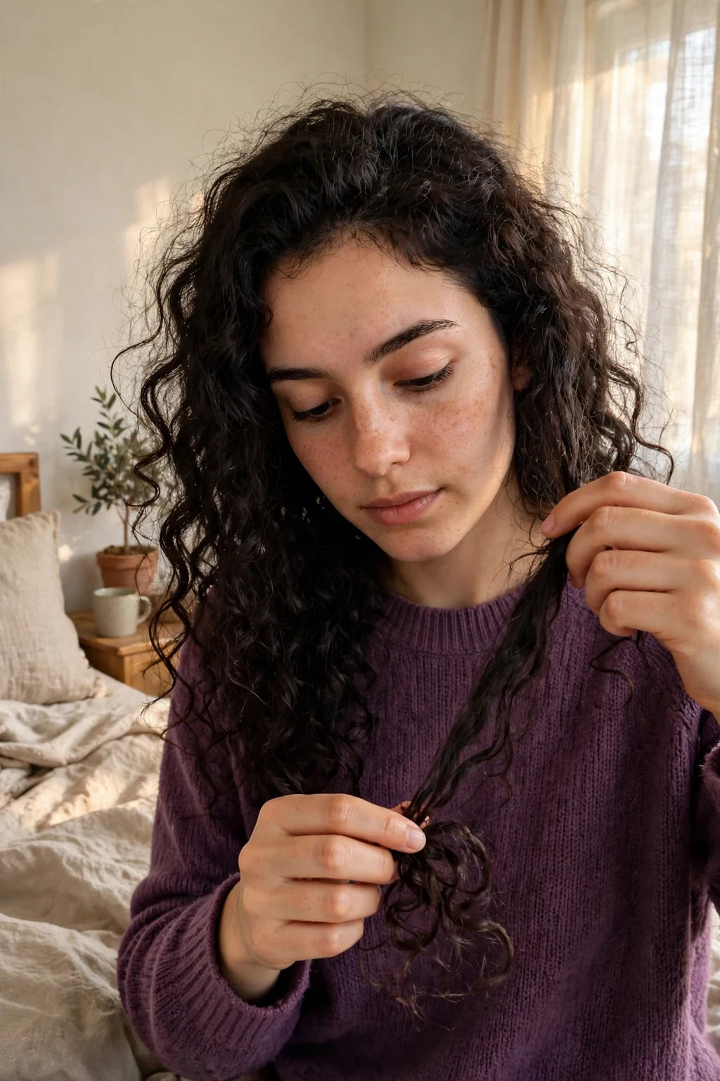 A young woman gently detangling her long curly hair from the ends upward with a wide-tooth comb.