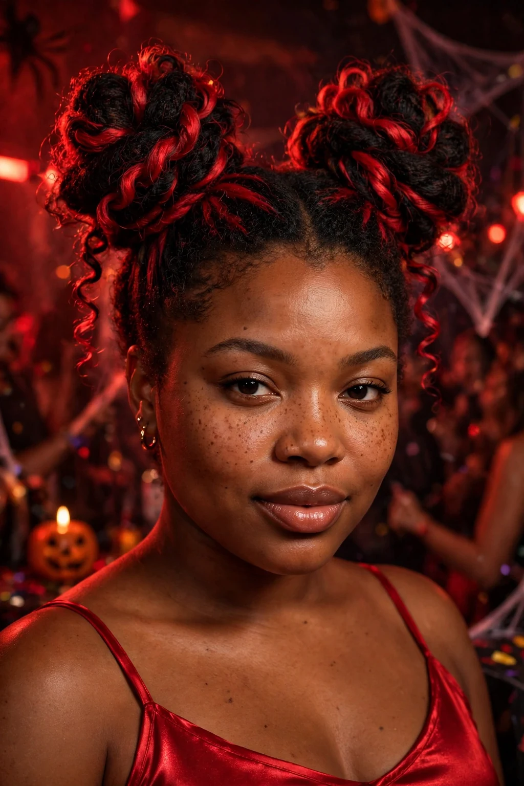 Young woman with high twisted devil-horn space buns with red streaks, wearing a red satin top at a Halloween dance party.