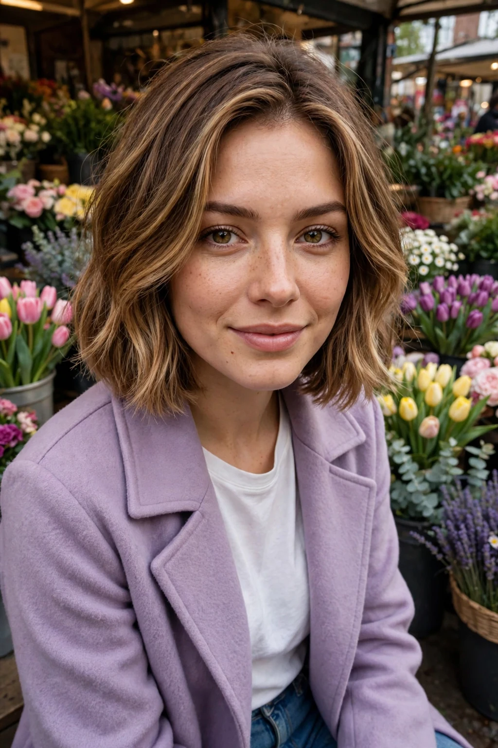 Young Dutch woman with a dimensional balayage bob in a flower market wearing a lavender coat.
