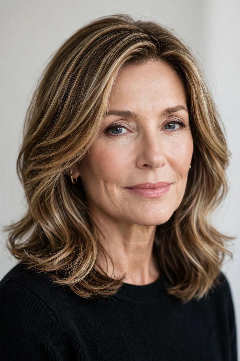 Elegant woman over 50 with dimensional highlighted medium hair, radiant color, luminous light.