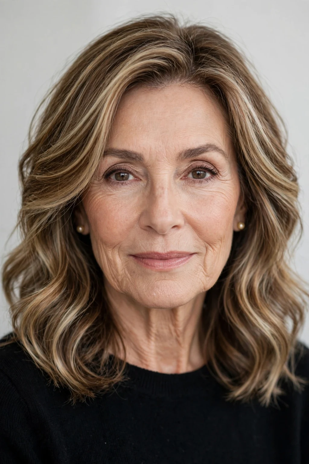 Elegant woman over 60 with dimensional highlighted medium hair, radiant color, luminous light.