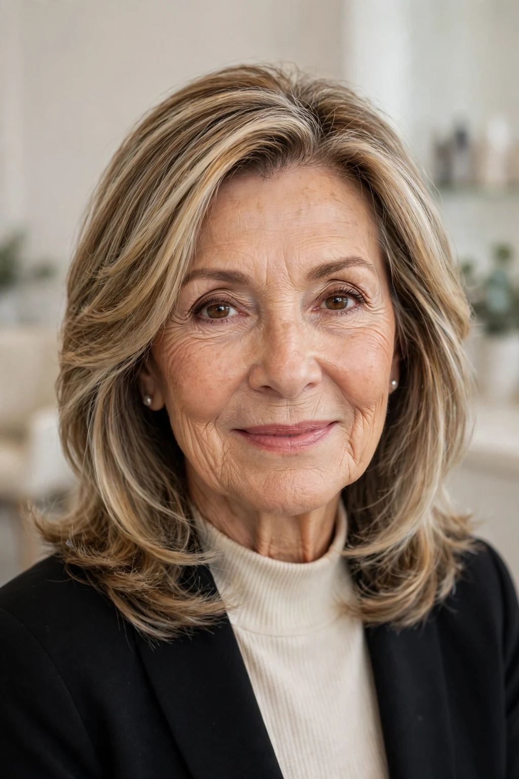 Elegant woman over 70 with dimensional highlighted medium hair, radiant color, luminous light.