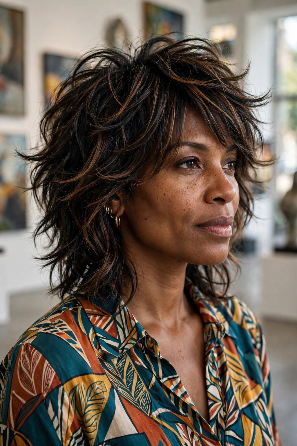 Beautiful woman with dimensional layered cut, multi-dimensional layers, rich light.