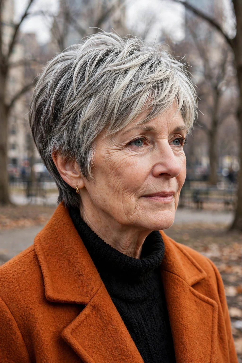 A woman in her mid 60s with a dimensional silver pixie cut, wearing a burnt orange coat in a city park in winter.