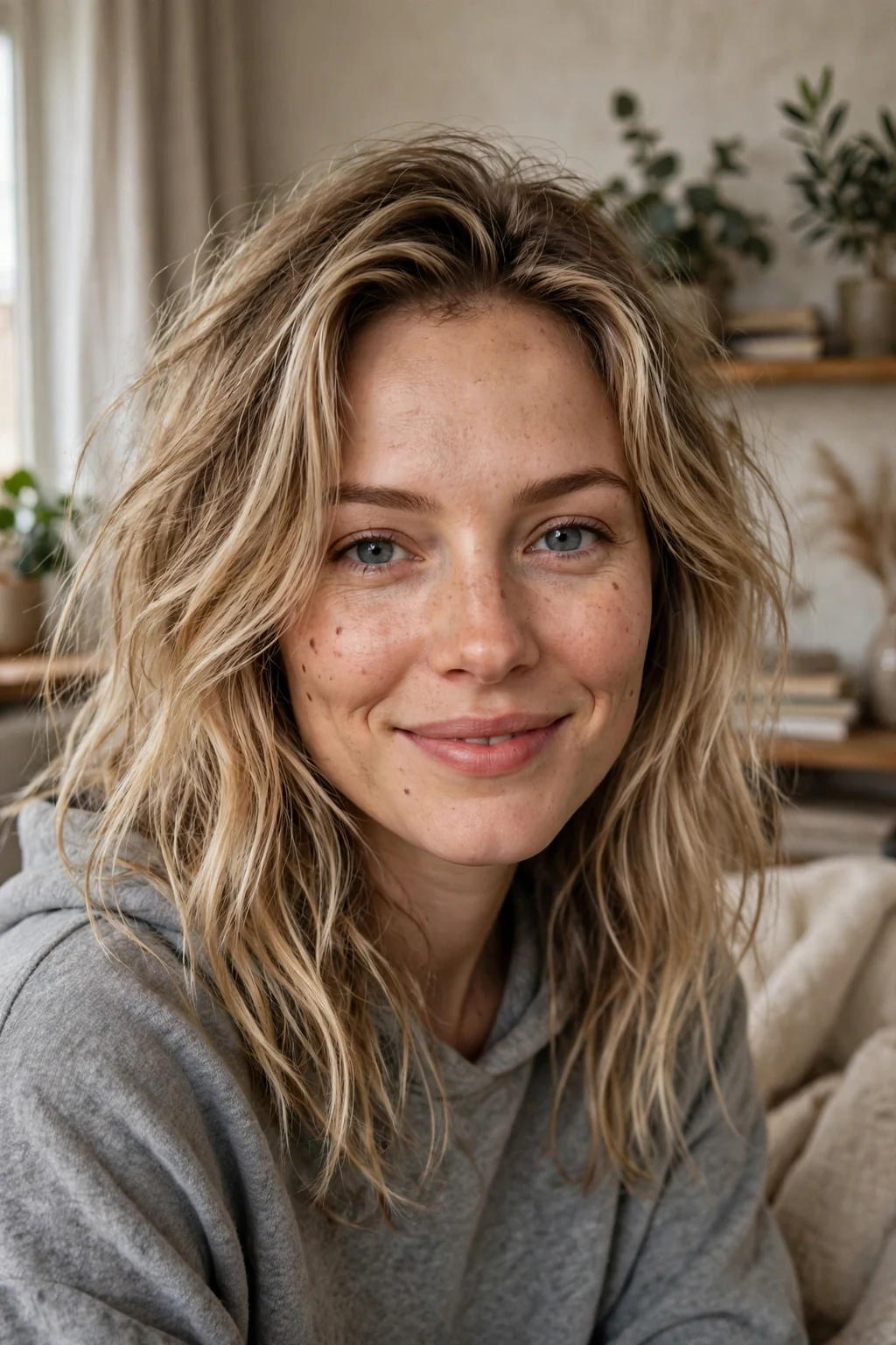 Beautiful woman with dirty blonde blend, natural dirty blonde tones, casual light.
