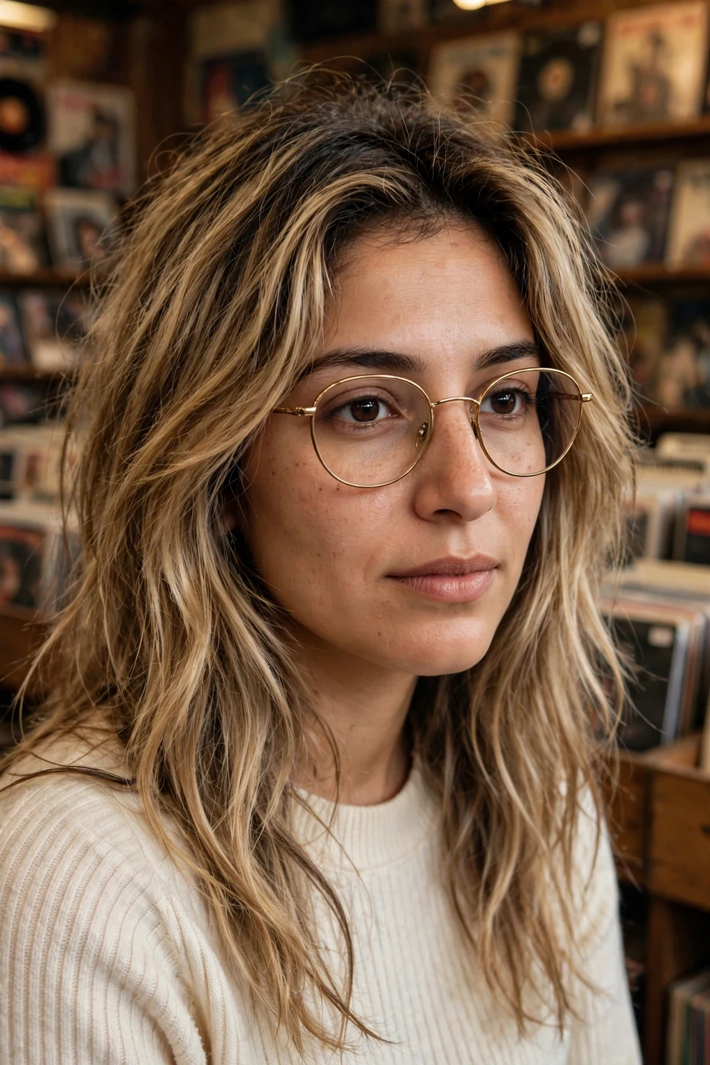 Young woman in her early 30s with dirty blonde layered hair wearing oval vintage glasses.