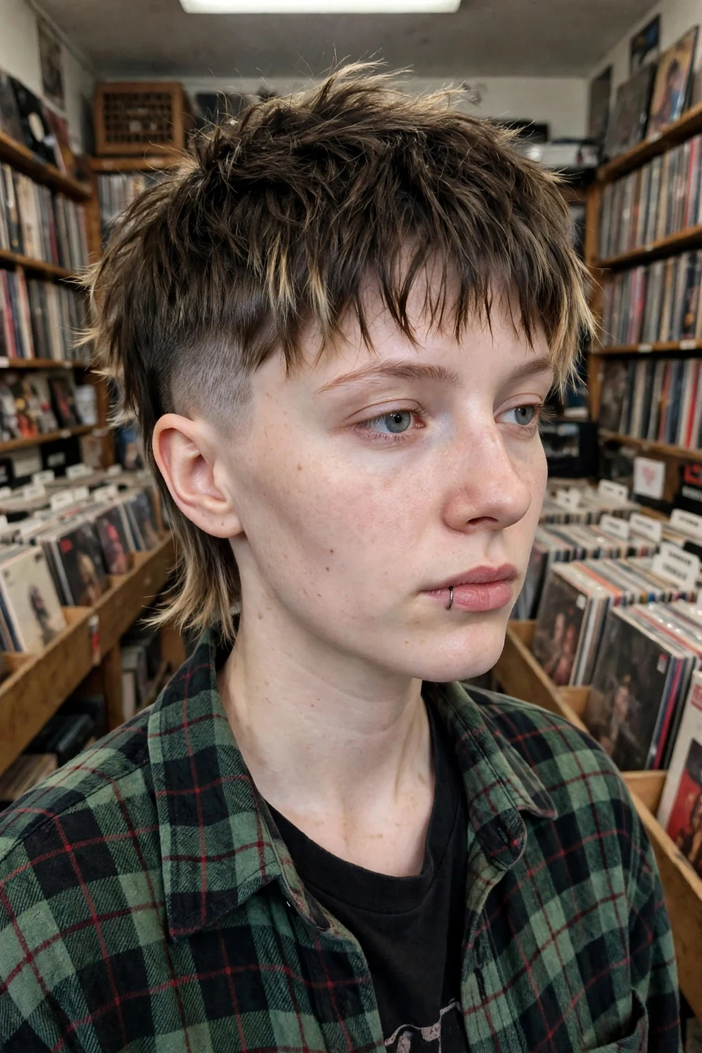 A young woman with a disconnected pixie haircut, very short faded sides against a much longer choppy top.