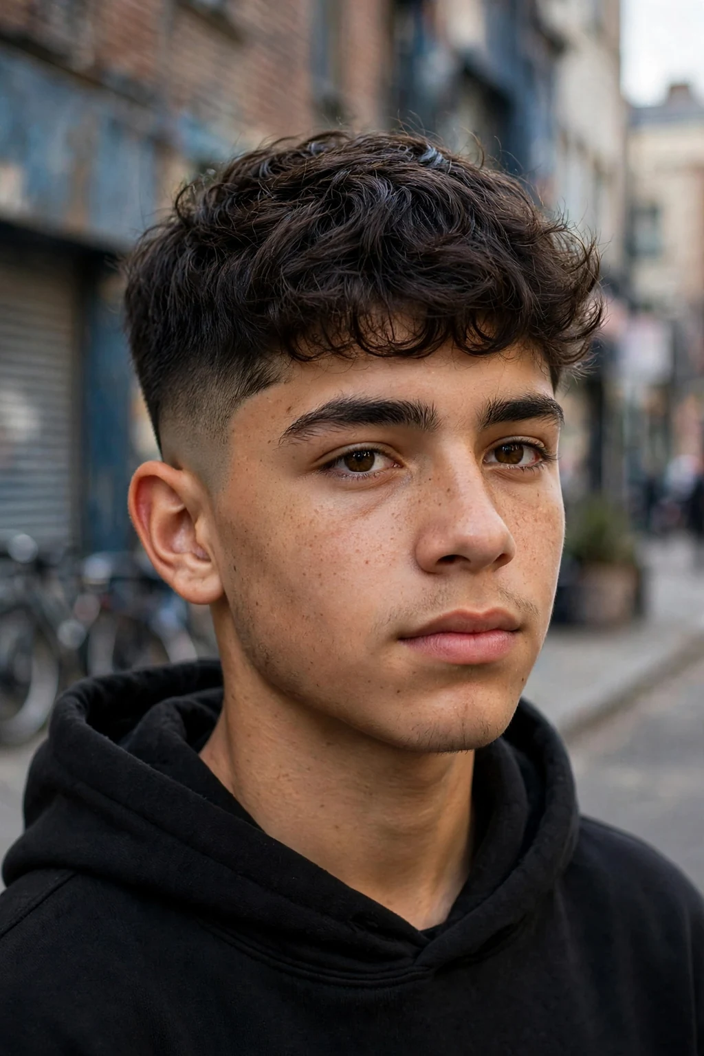 Handsome teen boy with disconnected undercut, bold disconnected teen cut, edgy light.