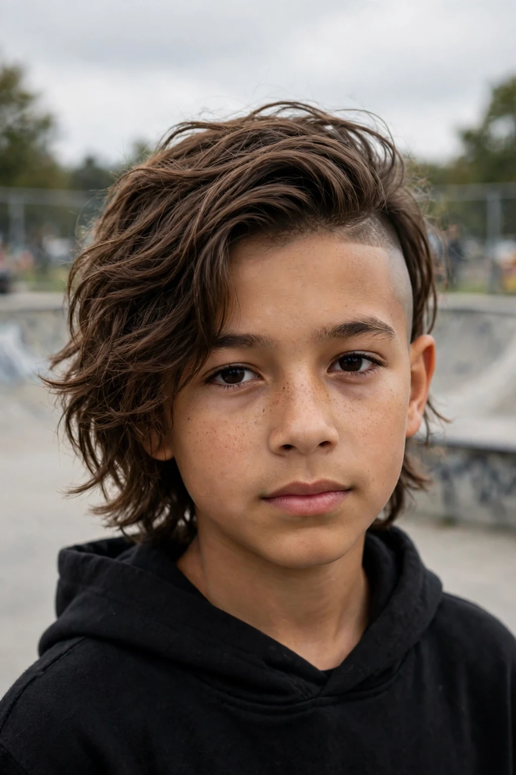 An older boy with a disconnected undercut, long textured top with a sharp contrast to shaved sides, at a skate park wearing a black hoodie.