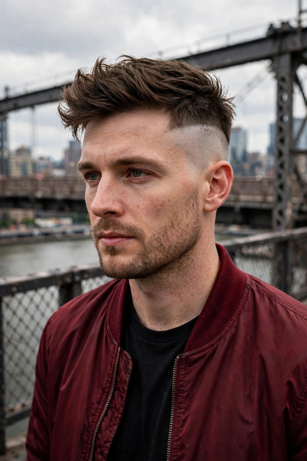 Man in his early 30s with a disconnected undercut, wearing a dark red bomber jacket on a city bridge.
