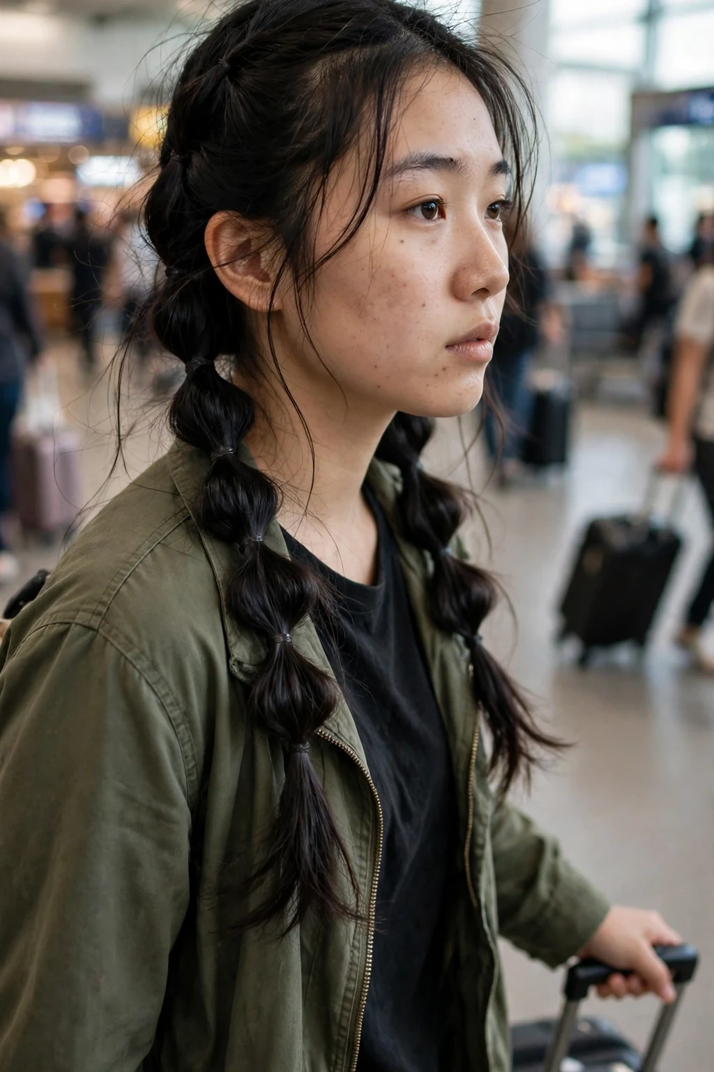 Young East Asian woman with double bubble braids hairstyle walking through an airport terminal with a rolling suitcase, wearing an olive green jacket.