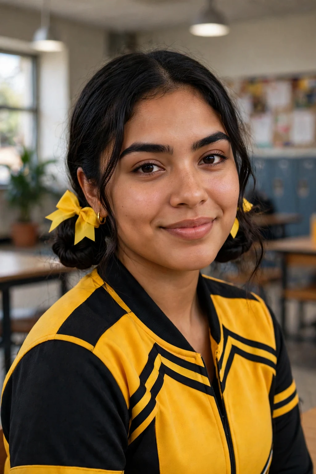 Young cheerleader with double low buns and matching yellow bows, in a school cafeteria doorway.