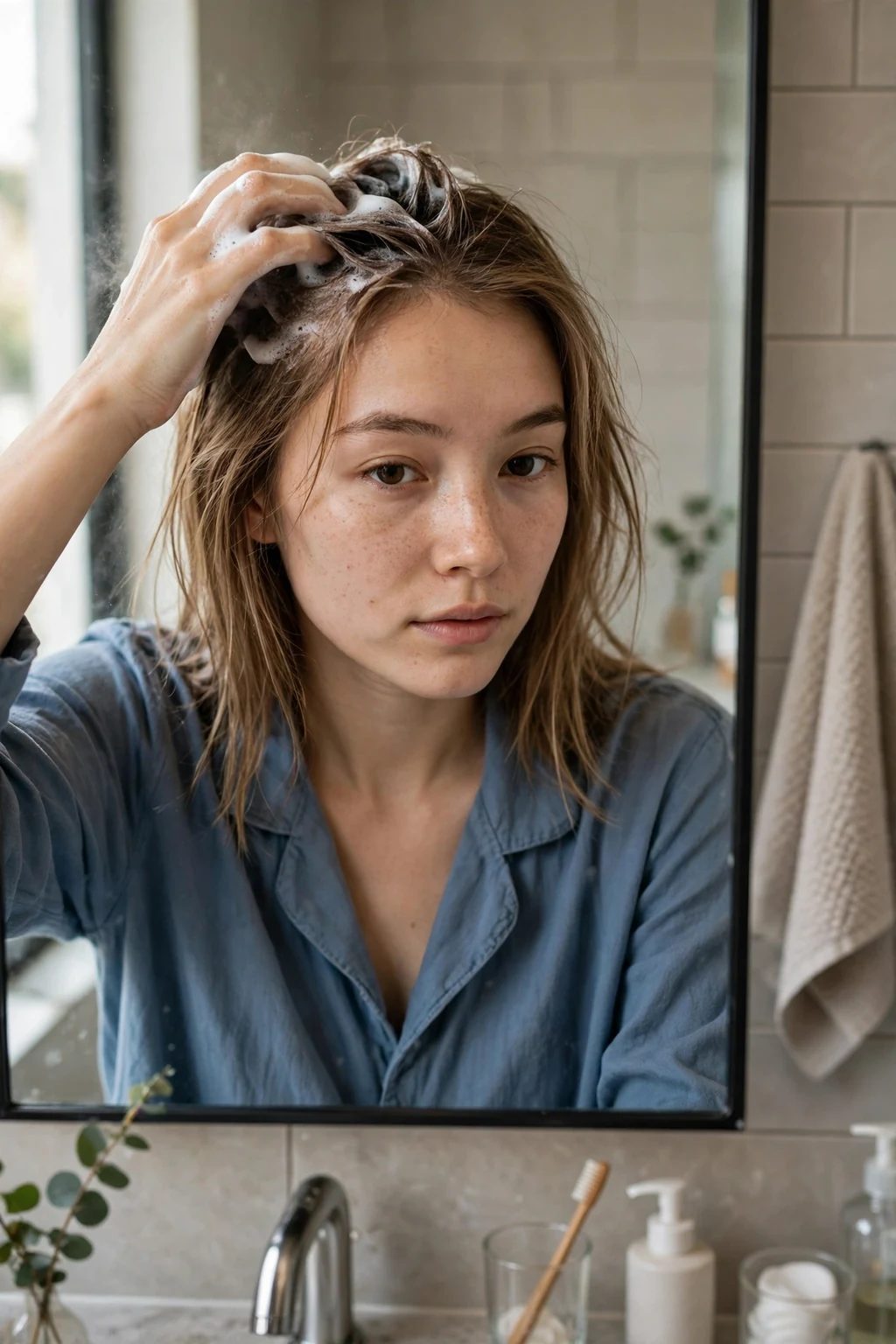 A young woman with fine straight hair applying shampoo to her roots in front of a bathroom mirror.
